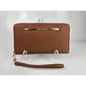 Steve Madden Zip Around Wristlet Wallet Cognac Brown Saffiano Gold Hardware
